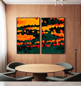 Duo de Quadros Abstrato Mosaico Laranja Tangerina Verde Floresta Canvas Moldura