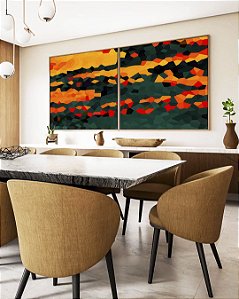 Duo de Quadros Quadrados Abstrato Mosaico Laranja Tangerina Verde Floresta Canvas Moldura