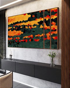 Trio de Quadros Estilizados Abstrato Mosaico Laranja Tangerina Verde Floresta Canvas Moldura