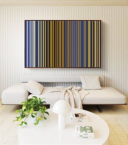 Quadro Horizontal Abstrato Listras Azul Areia Mostarda Canvas Moldura