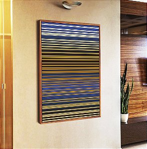 Quadro Vertical Abstrato Listras Azul Areia Mostarda Canvas Moldura