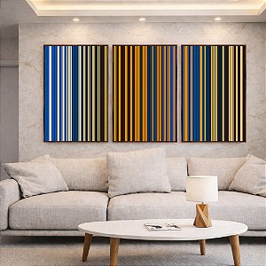 Trio de Quadros Abstrato Listras Azul Areia Mostarda Canvas Moldura