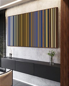 Trio de Quadros Estilizados Abstrato Listras Azul Areia Mostarda Canvas Moldura
