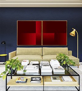 Duo de Quadros Quadrados Abstrato Geométrico Degradê Vermelho Intenso Canvas Moldura
