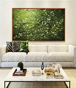 Quadro Horizontal Folhagens Verdes Pintura de Folhas Movimento Natureza Paisagem Canvas Moldura