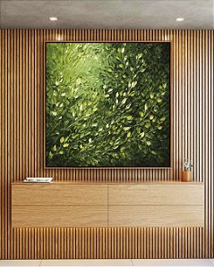 Quadro Quadrado Folhagens Verdes Pintura de Folhas Movimento Natureza Paisagem Canvas Moldura
