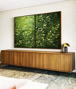 Duo de Quadros Folhagens Verdes Pintura de Folhas Movimento Natureza Paisagem Canvas Moldura