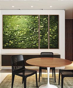 Trio de Quadros Estilizados Folhagens Verdes Pintura de Folhas Movimento Natureza Paisagem Canvas Moldura