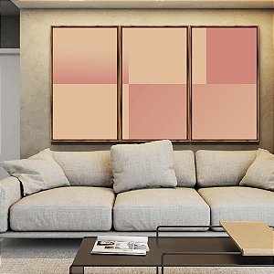 Trio de Quadros Abstrato Geométrico Degradê Rosa Pêssego Salmão Canvas Moldura