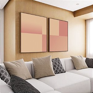Duo de Quadros Abstrato Geométrico Degradê Rosa Pêssego Salmão Canvas Moldura