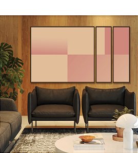 Trio de Quadros Estilizados Abstrato Geométrico Degradê Rosa Pêssego Salmão Canvas Moldura