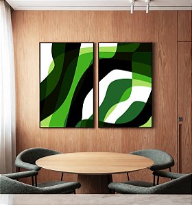 Duo de Quadros Abstrato Mosaico Verde Floresta Limão Canvas Moldura