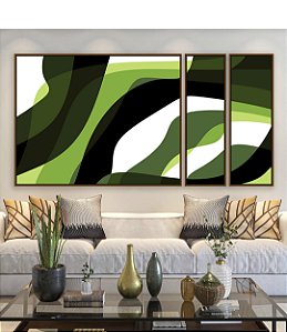 Trio de Quadros Estilizados Abstrato Mosaico Verde Floresta Limão Canvas Moldura