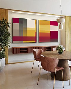 Duo de Quadros Quadrados Abstrato Geométrico Degradê Amarelo Mostarda Laranja Cinza Canvas Moldura