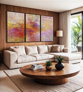 Trio de Quadros Abstrato Mosaico Rosa Coral Colorido Canvas Moldura
