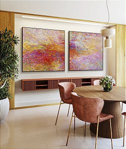 Duo de Quadros Quadrados Abstrato Mosaico Rosa Coral Colorido Canvas Moldura