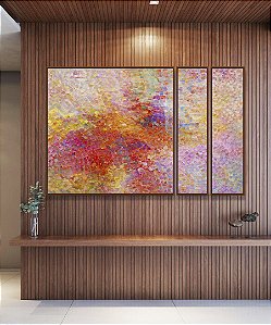 Trio de Quadros Estilizados Abstrato Mosaico Rosa Coral Colorido Canvas Moldura