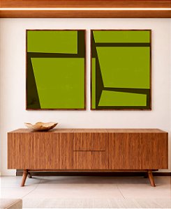 Duo de Quadros Abstrato Minimalista Geométrico Verde Oliva Marrom Canvas Moldura