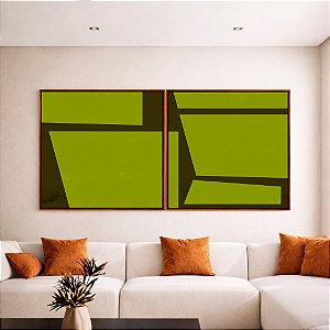Duo de Quadros Quadrados Abstrato Minimalista Geométrico Verde Oliva Marrom Canvas Moldura