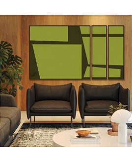Trio de Quadros Estilizados Abstrato Minimalista Geométrico Verde Oliva Marrom Canvas Moldura
