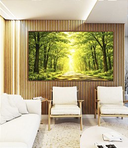 Quadro Horizontal Caminho Iluminado na Floresta Verde Natureza Paisagem Canvas Moldura