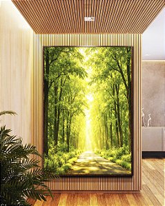 Quadro Vertical Caminho Iluminado na Floresta Verde Natureza Paisagem Canvas Moldura