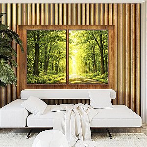 Duo de Quadros Caminho Iluminado na Floresta Verde Natureza Paisagem Canvas Moldura