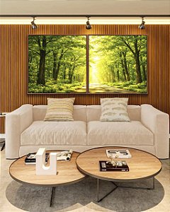 Duo de Quadros Quadrados Caminho Iluminado na Floresta Verde Natureza Paisagem Canvas Moldura