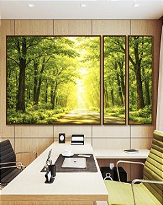 Trio de Quadros Estilizados Caminho Iluminado na Floresta Verde Natureza Paisagem Canvas Moldura