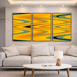 Trio de Quadros Abstrato Arte Fluida Amarelo Mostarda Verde Oliva Ondulações Canvas Moldura