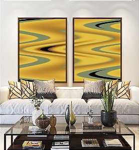 Duo de Quadros Abstrato Arte Fluida Amarelo Mostarda Verde Oliva Ondulações Canvas Moldura