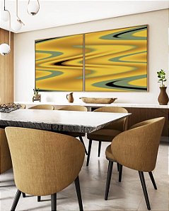 Duo de Quadros Quadrados Abstrato Arte Fluida Amarelo Mostarda Verde Oliva Ondulações Canvas Moldura