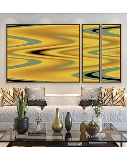 Trio de Quadros Estilizados Abstrato Arte Fluida Amarelo Mostarda Verde Oliva Ondulações Canvas Moldura