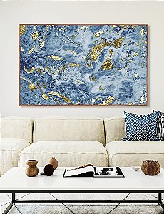 Quadro Horizontal Abstrato Azul e Dourado Efeito Mármore Arte Pouring Canvas Moldura