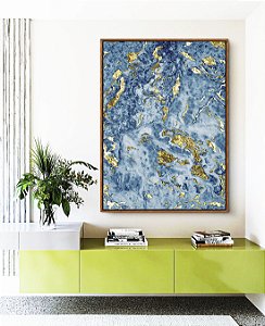 Quadro Vertical Abstrato Azul e Dourado Efeito Mármore Arte Pouring Canvas Moldura