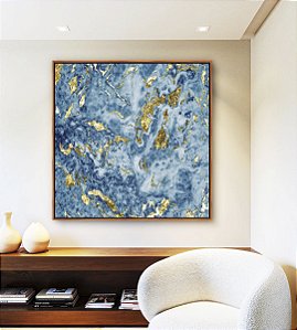 Quadro Quadrado Abstrato Azul e Dourado Efeito Mármore Arte Pouring Canvas Moldura