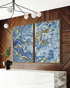 Duo de Quadros Abstrato Azul e Dourado Efeito Mármore Arte Pouring Canvas Moldura