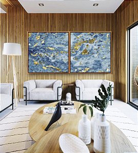 Duo de Quadros Quadrados Abstrato Azul e Dourado Efeito Mármore Arte Pouring Canvas Moldura