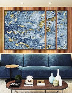 Trio de Quadros Estilizados Abstrato Azul e Dourado Efeito Mármore Arte Pouring Canvas Moldura