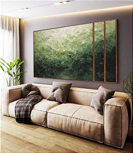 Trio de Quadros Estilizados Abstrato Tons de Verde Esmeralda Textura Canvas Moldura