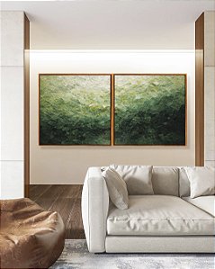 Duo de Quadros Quadrados Abstrato Tons de Verde Esmeralda Textura Canvas Moldura