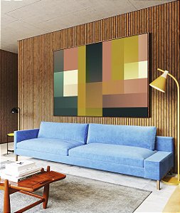 Quadro Horizontal Abstrato Geométrico Color Block Rosa Verde Amarelo Canvas Moldura