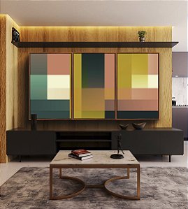 Trio de Quadros Abstrato Geométrico Color Block Rosa Verde Amarelo Canvas Moldura