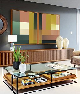 Duo de Quadros Abstrato Geométrico Color Block Rosa Verde Amarelo Canvas Moldura