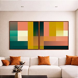 Duo de Quadros Quadrados Abstrato Geométrico Color Block Rosa Verde Amarelo Canvas Moldura