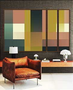 Trio de Quadros Estilizados Abstrato Geométrico Color Block Rosa Verde Amarelo Canvas Moldura