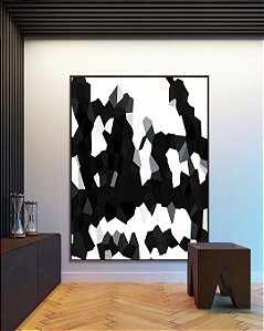 Quadro Vertical Abstrato Geométrico Minimalista Preto e Branco Canvas Moldura