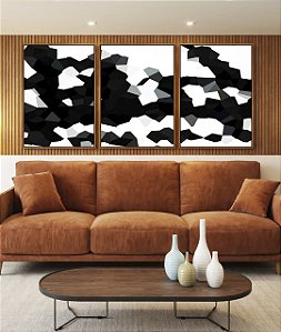 Trio de Quadros Abstrato Geométrico Minimalista Preto e Branco Canvas Moldura