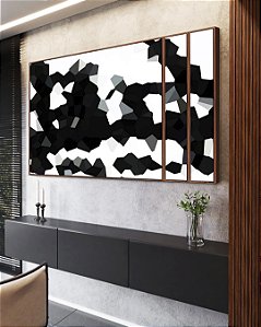 Trio de Quadros Estilizados Abstrato Geométrico Minimalista Preto e Branco Canvas Moldura