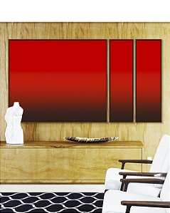 Trio de Quadros Estilizados Abstrato Degradê Vermelho Intenso Escuro e Vivo Canvas Moldura